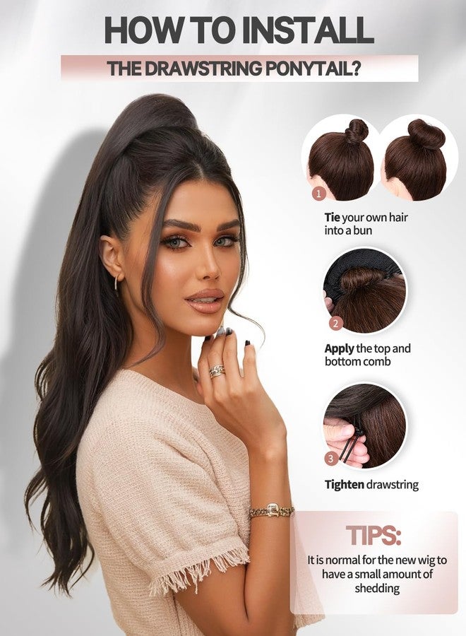 WIGER 26 Inch Dark Brown Drawstring Ponytail Extension for Women Long Wavy Layered Synthetic Stand Up High Pony Tails Hair Extensions for Christmas Daily Use - Image 4